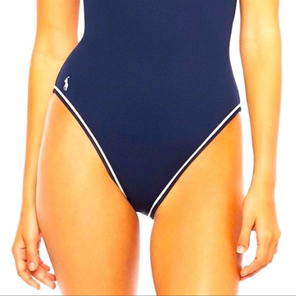 POLO RALPH LAUREN Navy Blue & White Nautical Ribbed One-Piece Swim Suit XXL NEW - Picture 11 of 12